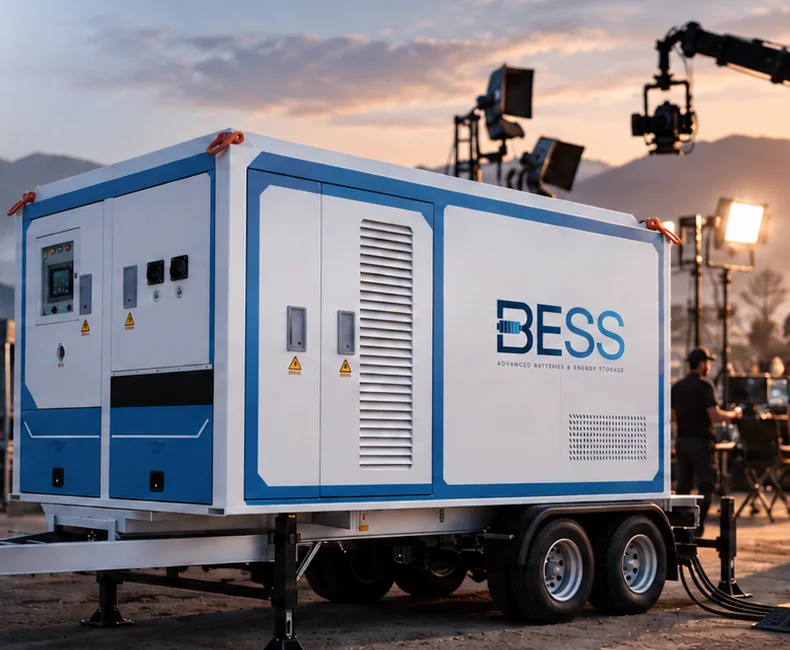 Remolque BESS móvil alimentando una producción en locación